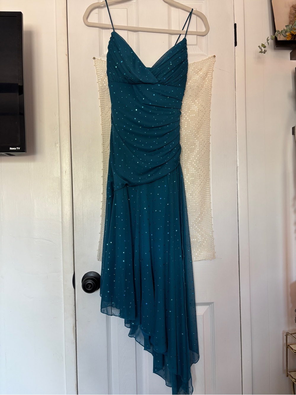 Elegant Teal Asymmetrical Spaghetti-Strap Dress